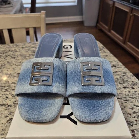 NEW Givenchy Distressed Denim Slides Size 39 45mm Heels - Picture 3 of 11